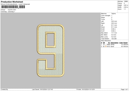 9 Number Embroidery File 6 sizes