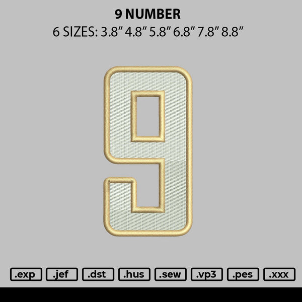 9 Number Embroidery File 6 sizes