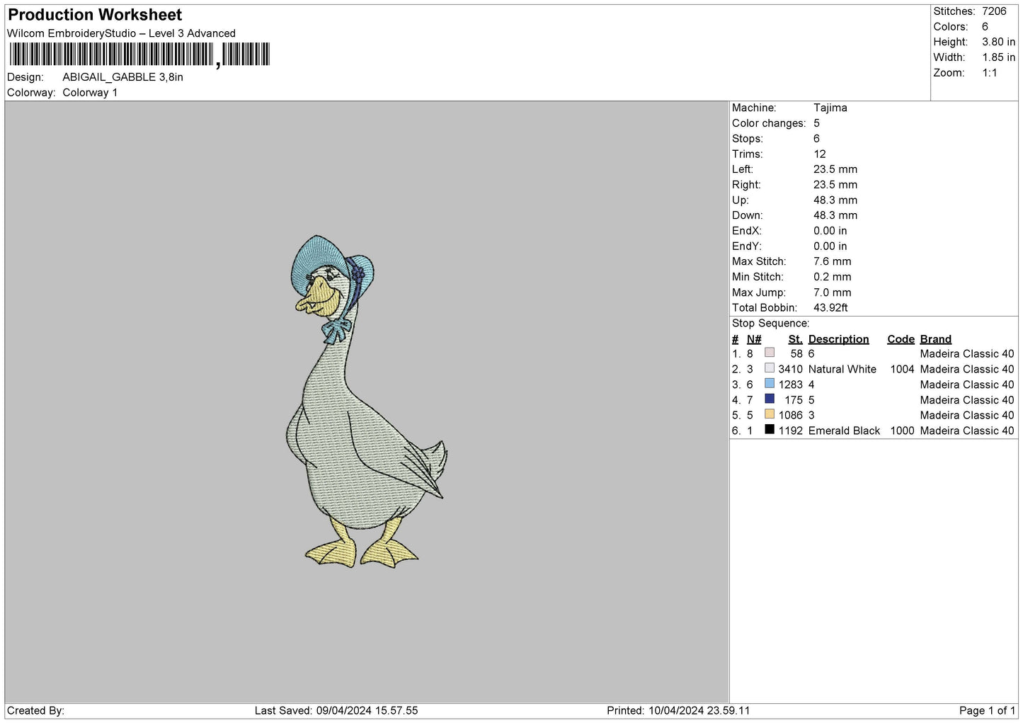 Blue duck Embroidery Design File 6 sizes
