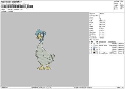 Blue duck Embroidery Design File 6 sizes