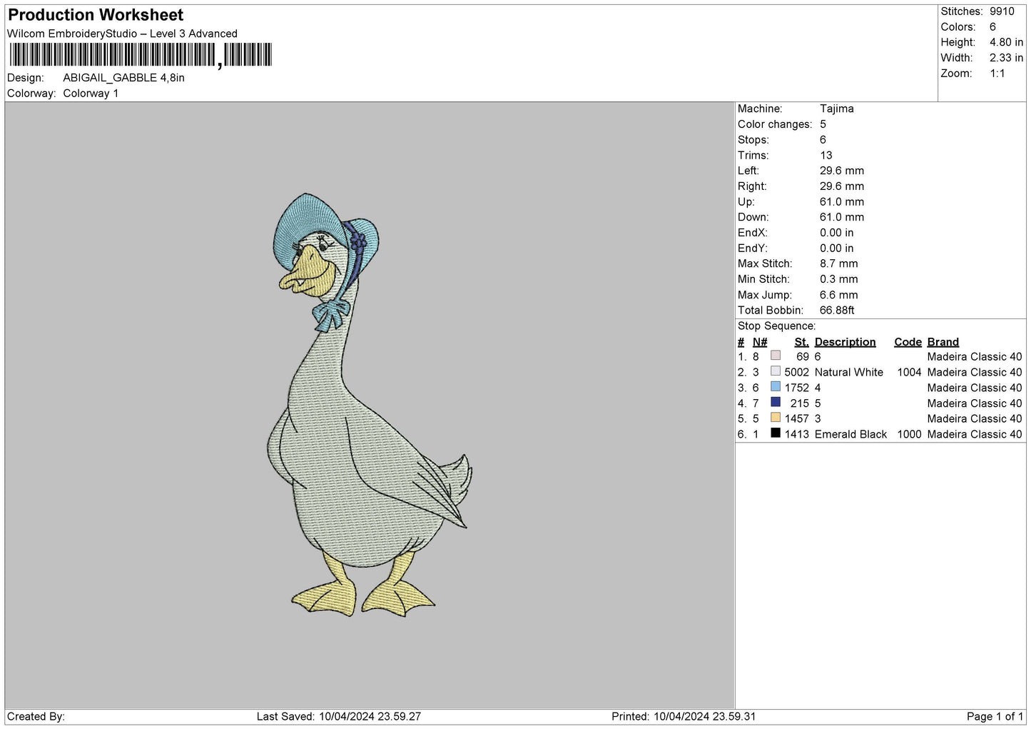Blue duck Embroidery Design File 6 sizes