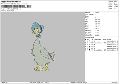 Blue duck Embroidery Design File 6 sizes