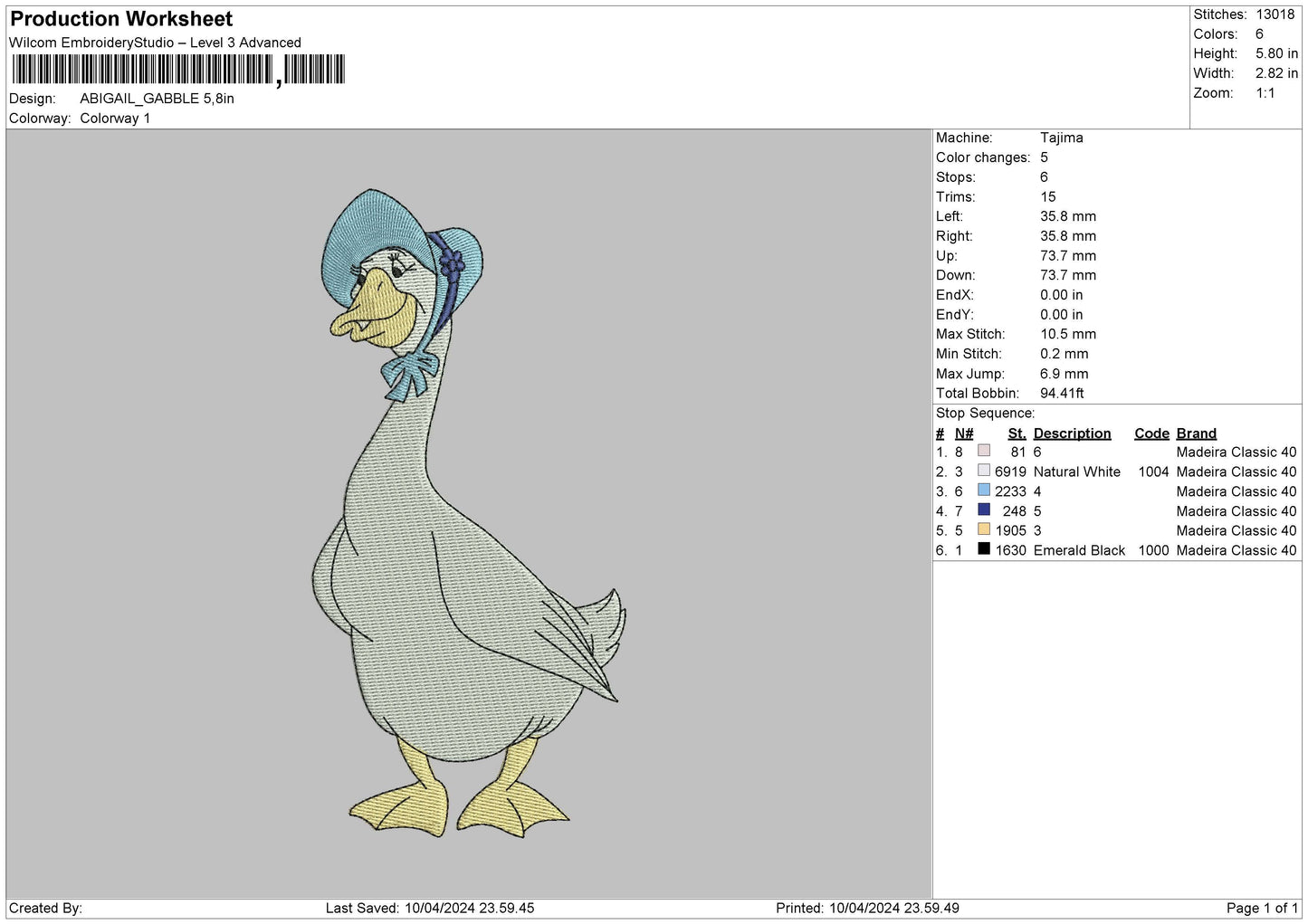 Blue duck Embroidery Design File 6 sizes