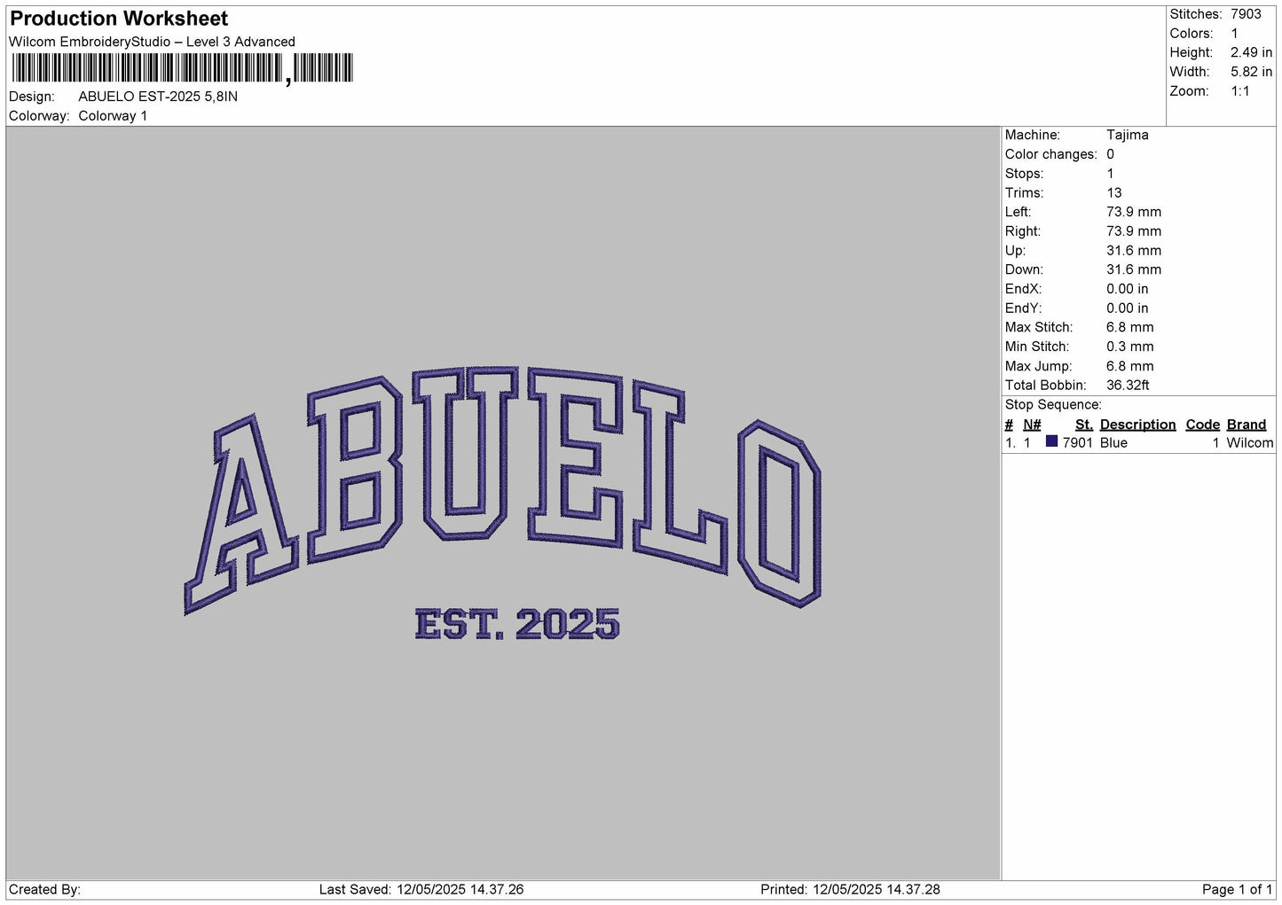 ABUELO Embroidery File 6 Size