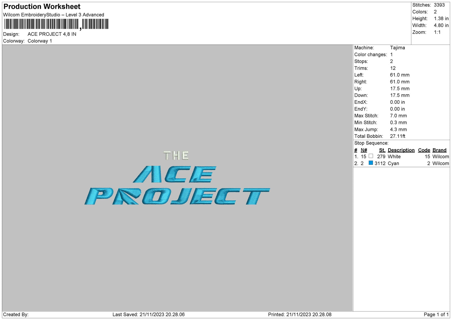 Ace Text Embroidery File 6 sizes