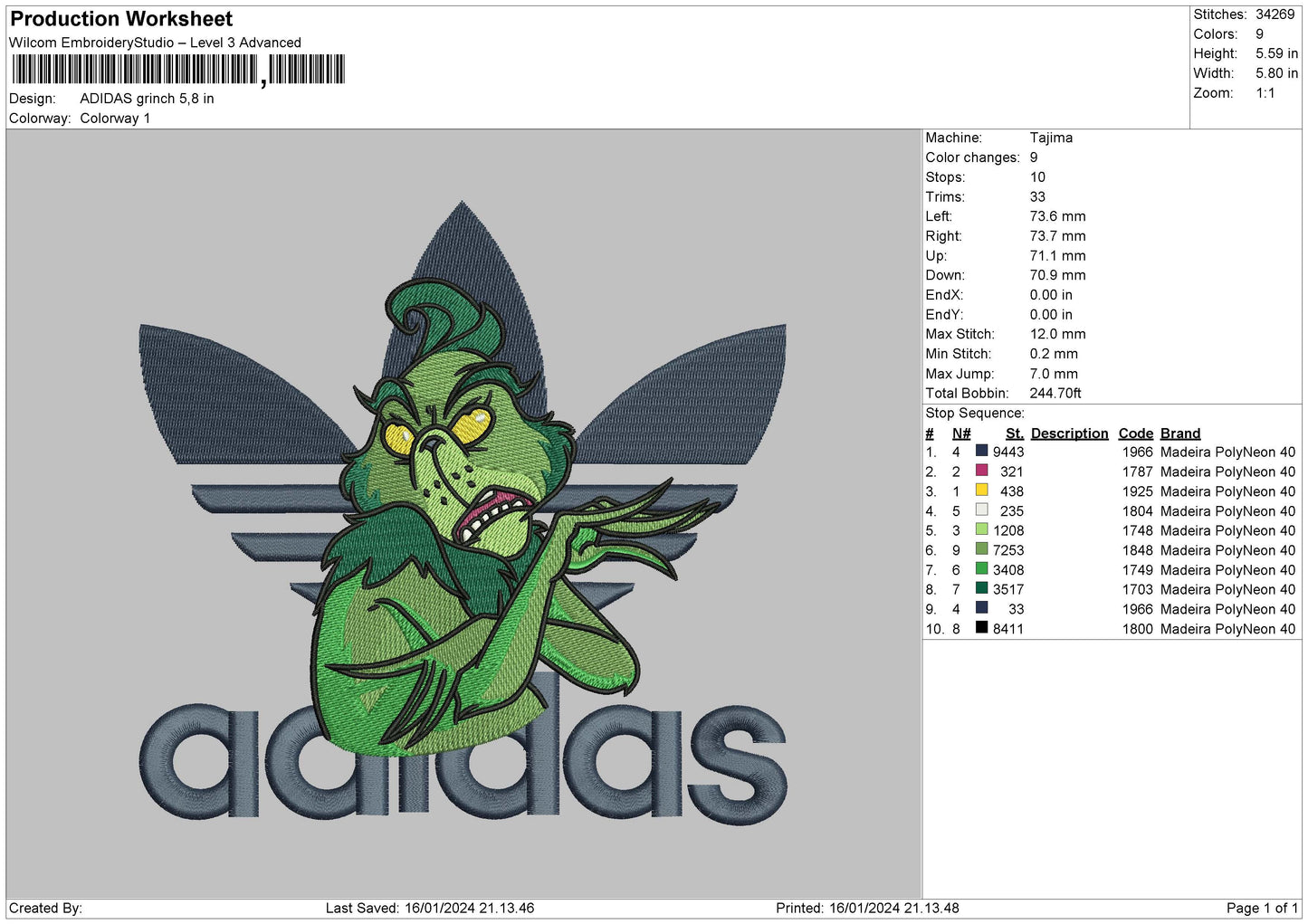 Adidasgrinch Embroidery File 6 sizes