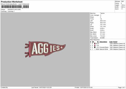 Aggies Flag Embroidery File Design