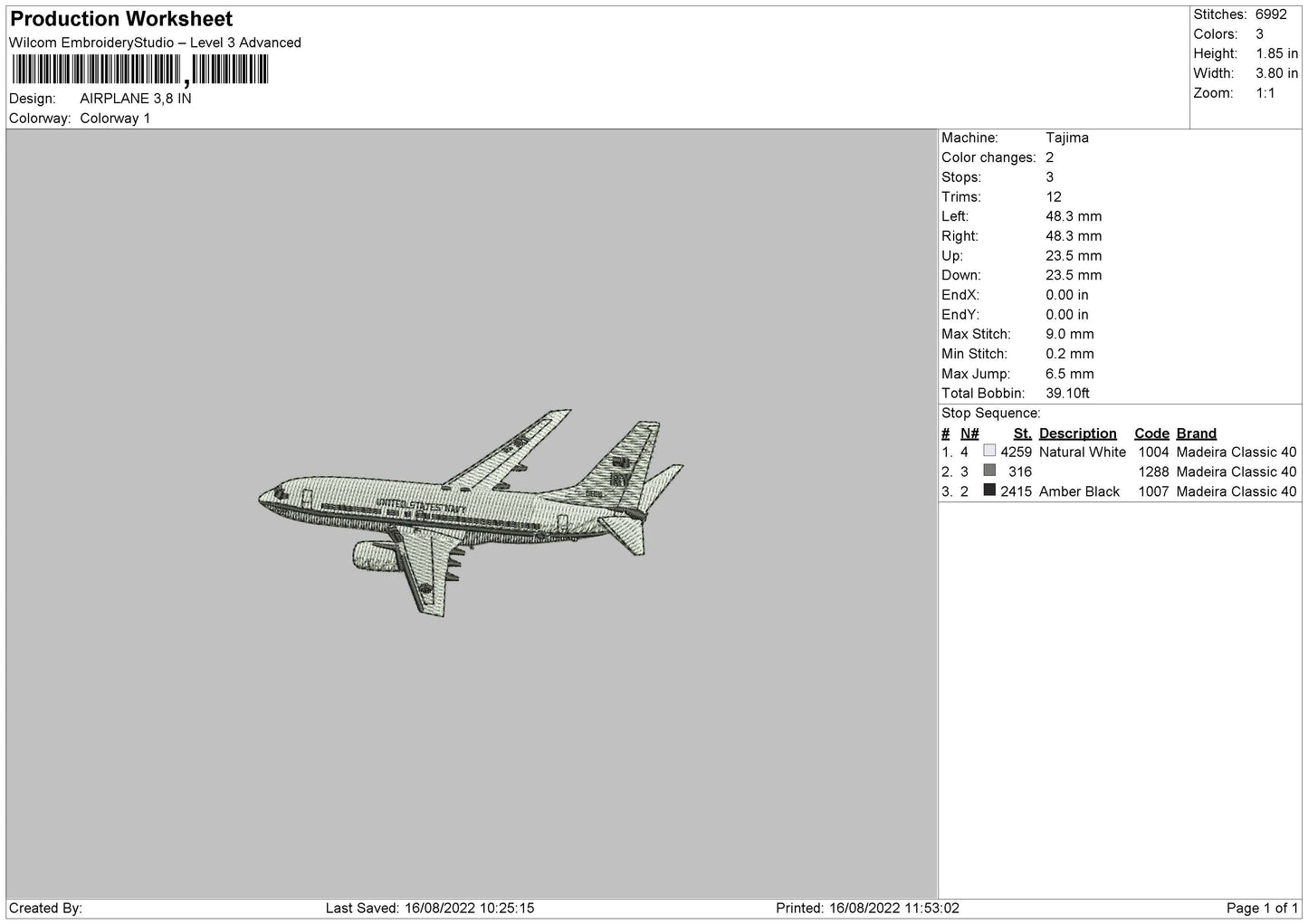Airplane Embroidery File 5 sizes