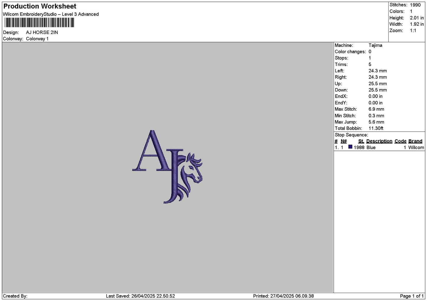 Aj Horse Embroidery File 6 sizes