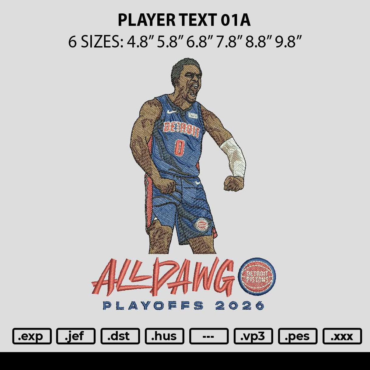 Player Text 01a Embroidery File 6 sizes
