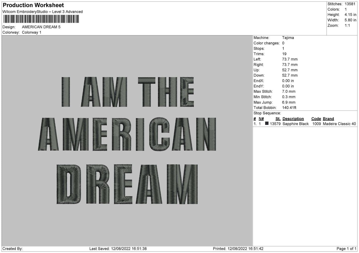 American Dream Embroidery File 6 sizes