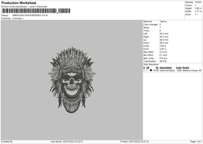 American Headdressed Embroidery File 4 sizes