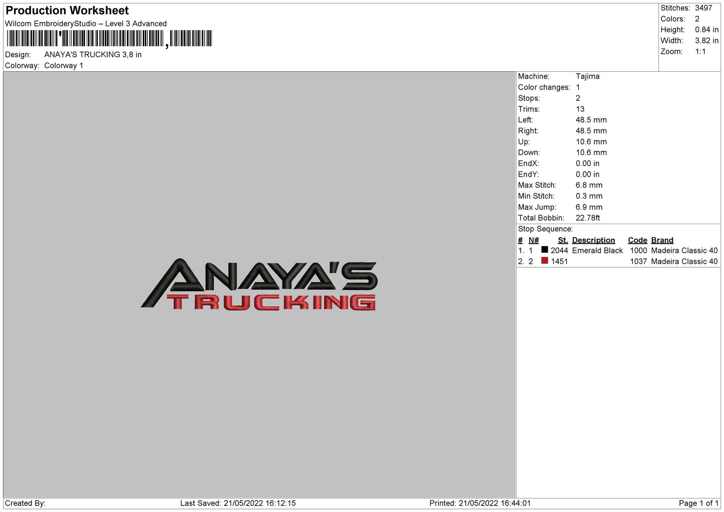 Anaya's Trucking Embroidery File 4 size