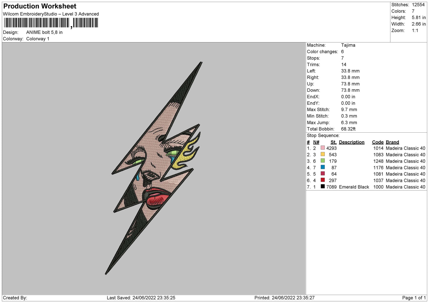 Anime Bolt Embroidery File 4 sizes