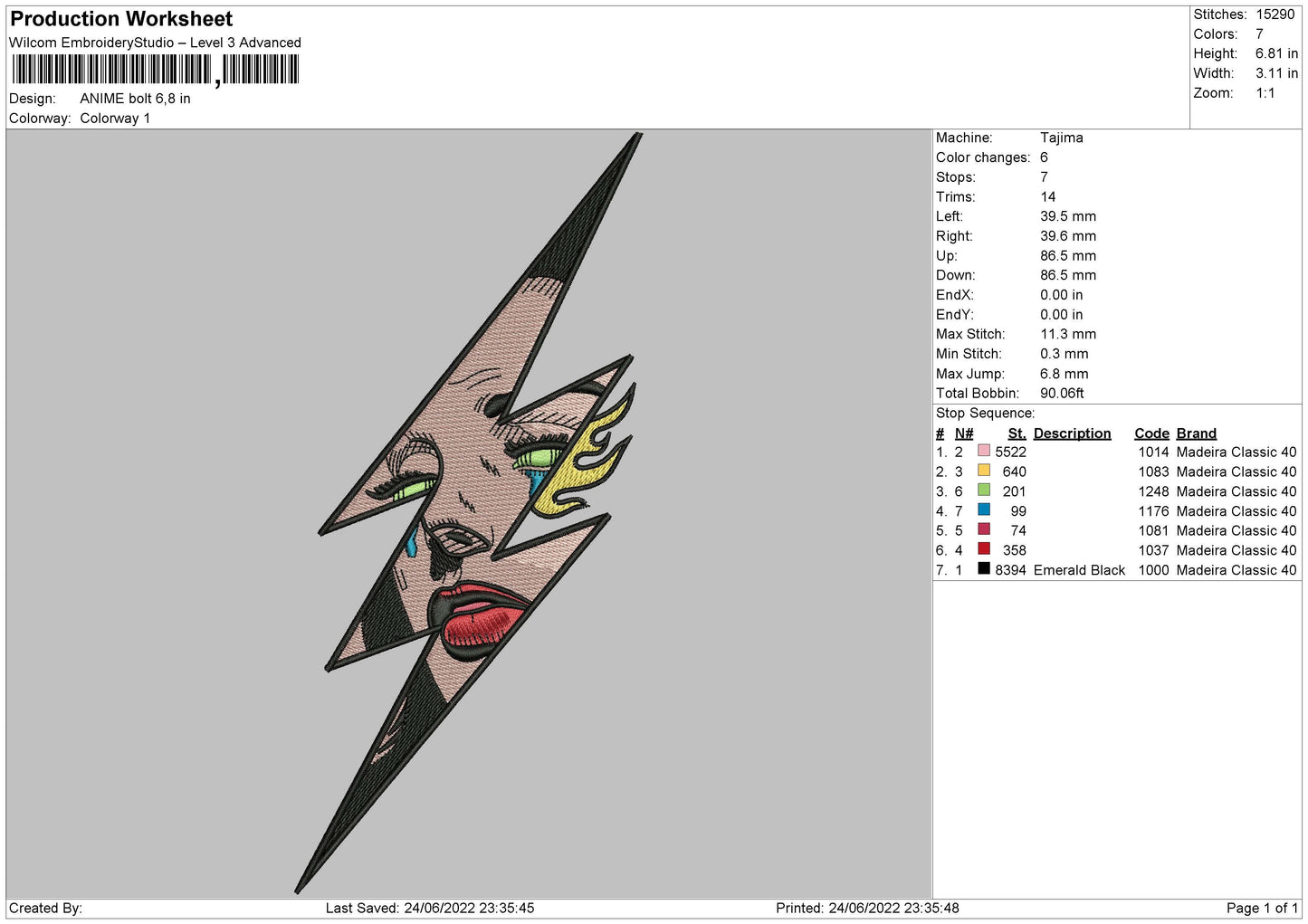 Anime Bolt Embroidery File 4 sizes