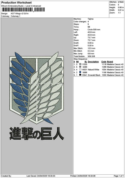 Aot Wings V2 Embroidery File 6 sizes