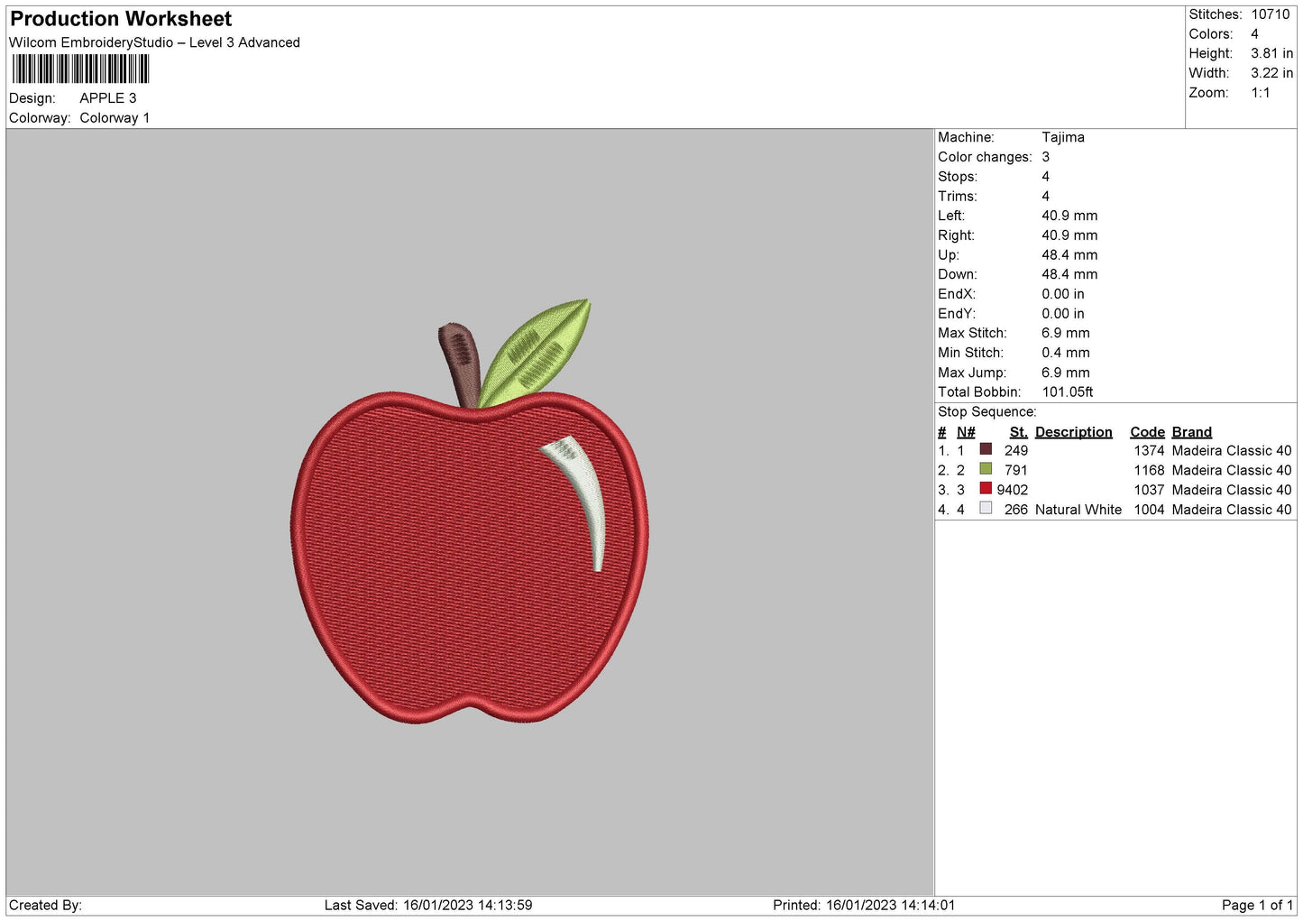 Apple Embroidery File 6 sizes