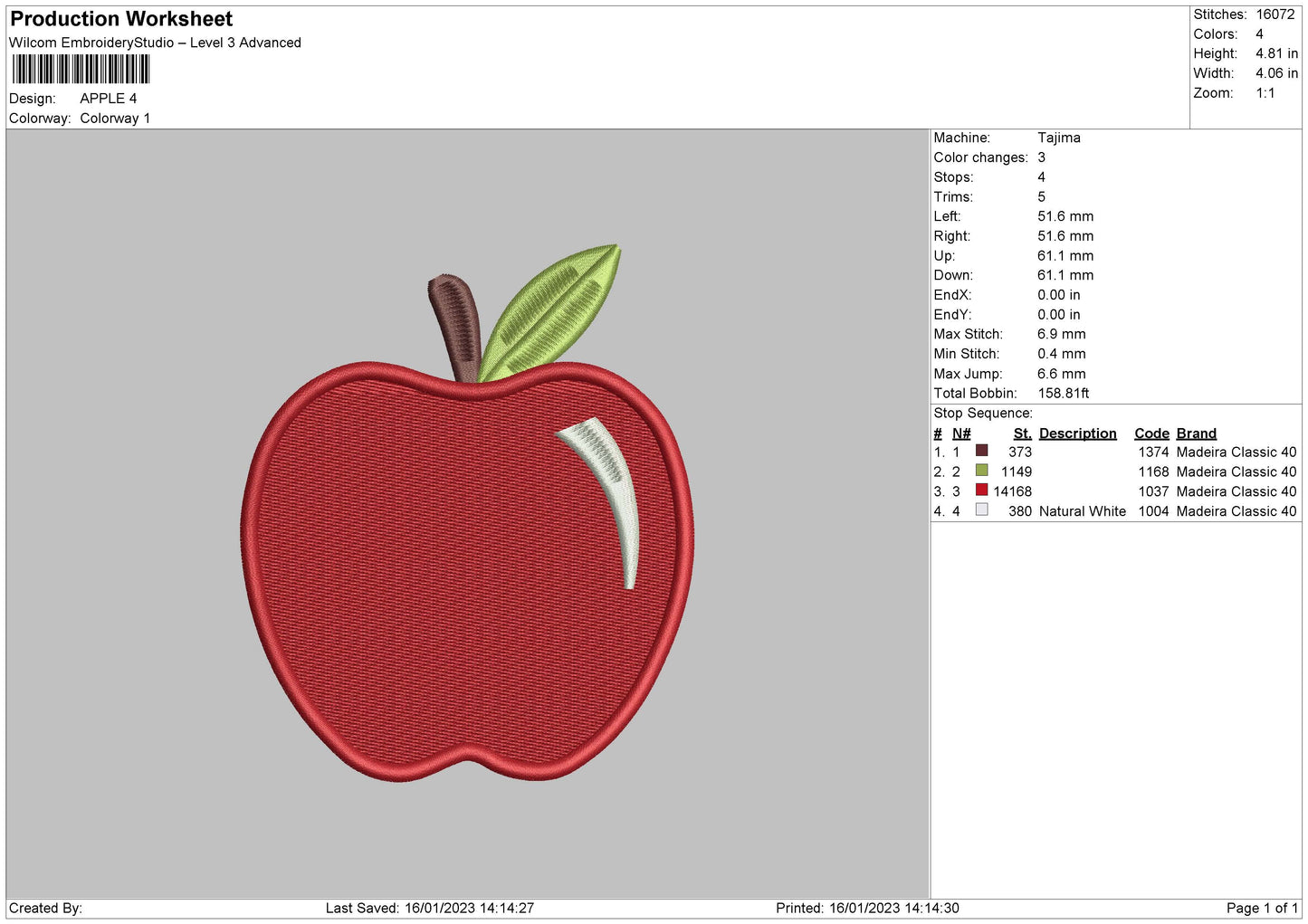 Apple Embroidery File 6 sizes