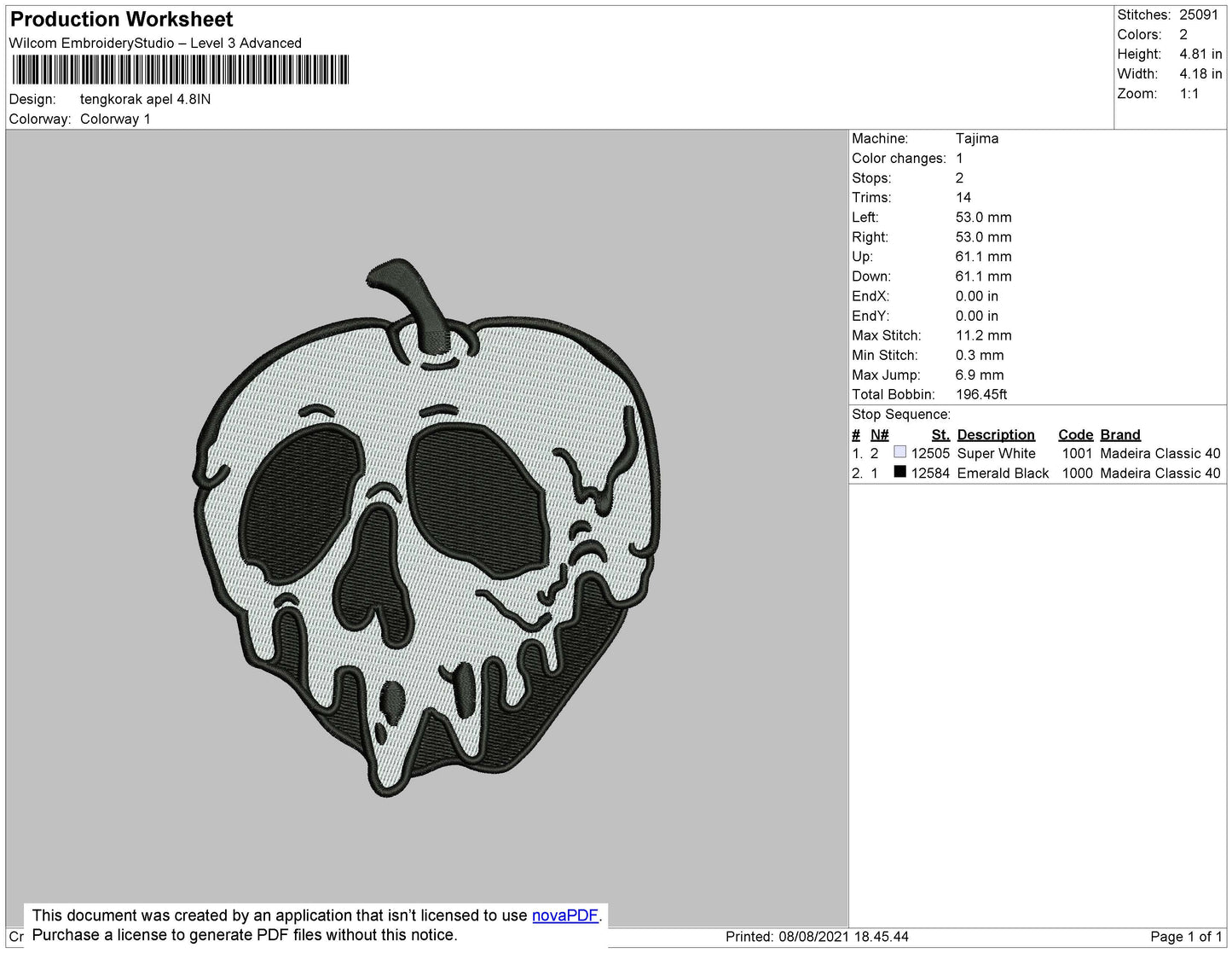 Apple Skull Embroidery File 4 size