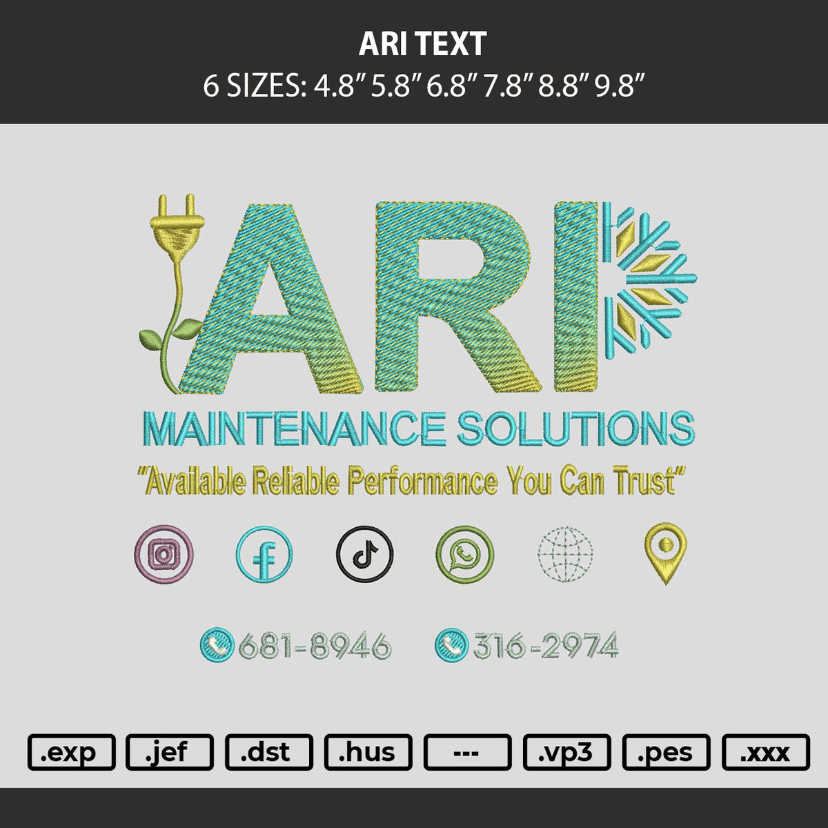 Ari Text Embroidery Machine Design File 6 sizes