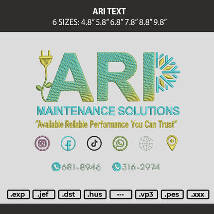Ari Text Embroidery Machine Design File 6 sizes