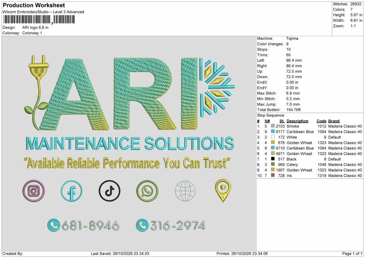 Ari Text Embroidery Machine Design File 6 sizes