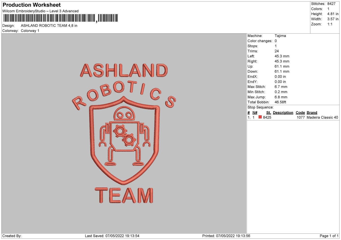 Ashland Robotic Team Embroidery File 4 size