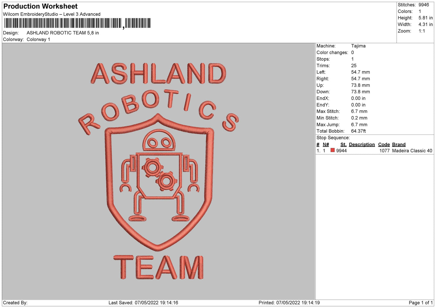 Ashland Robotic Team Embroidery File 4 size
