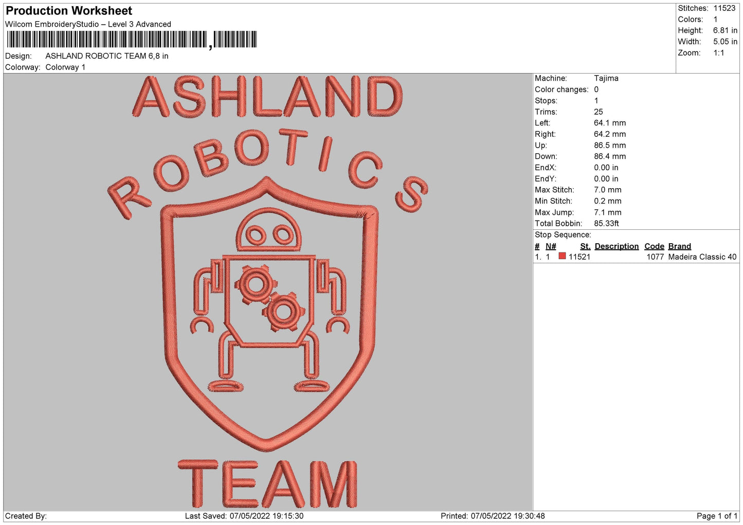 Ashland Robotic Team Embroidery File 4 size