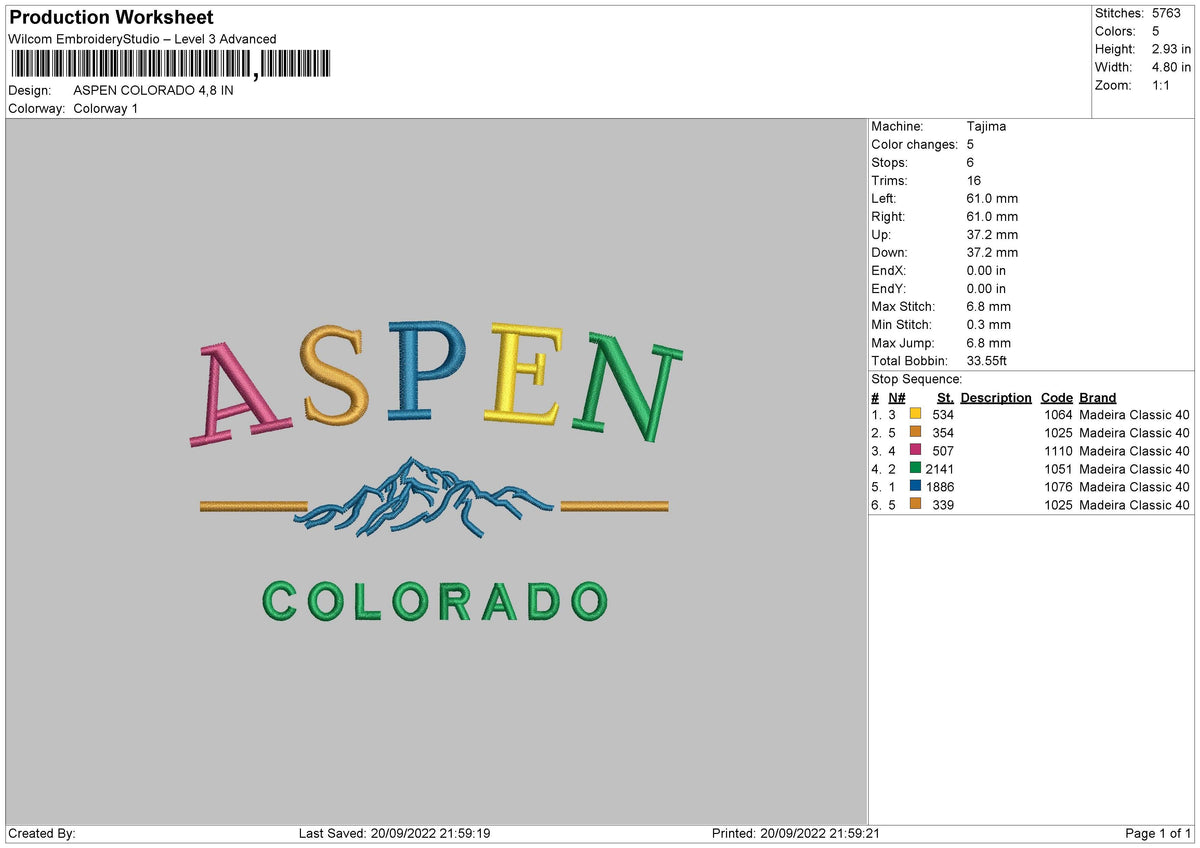 Aspen Colorado Embroidery File 5 sizes