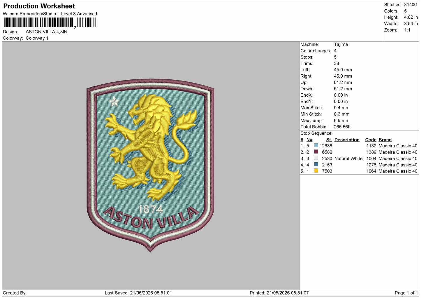 Aston Villa  Embroidery Machine Design  File
