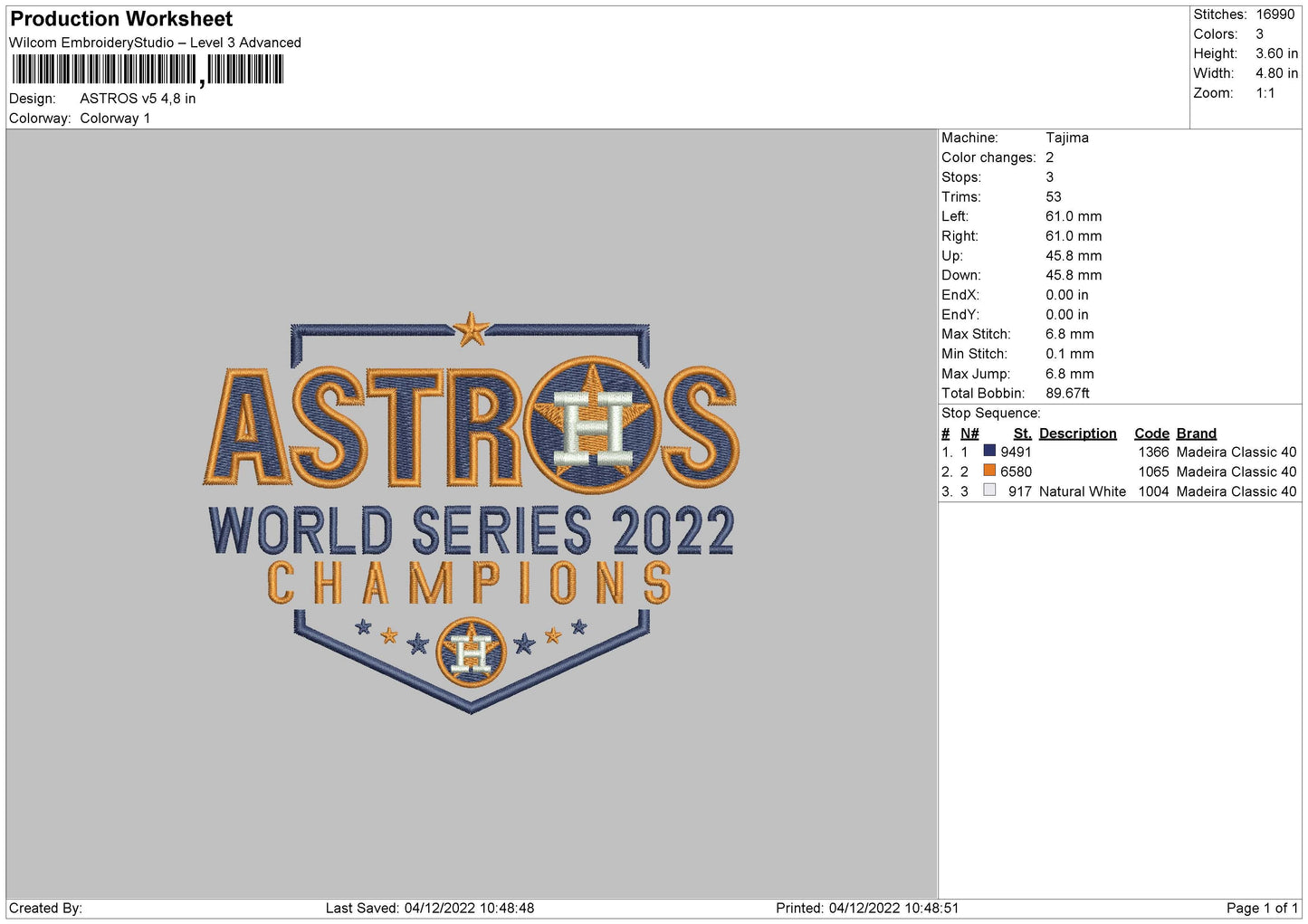 Astros V5 Embroidery File 6 sizes