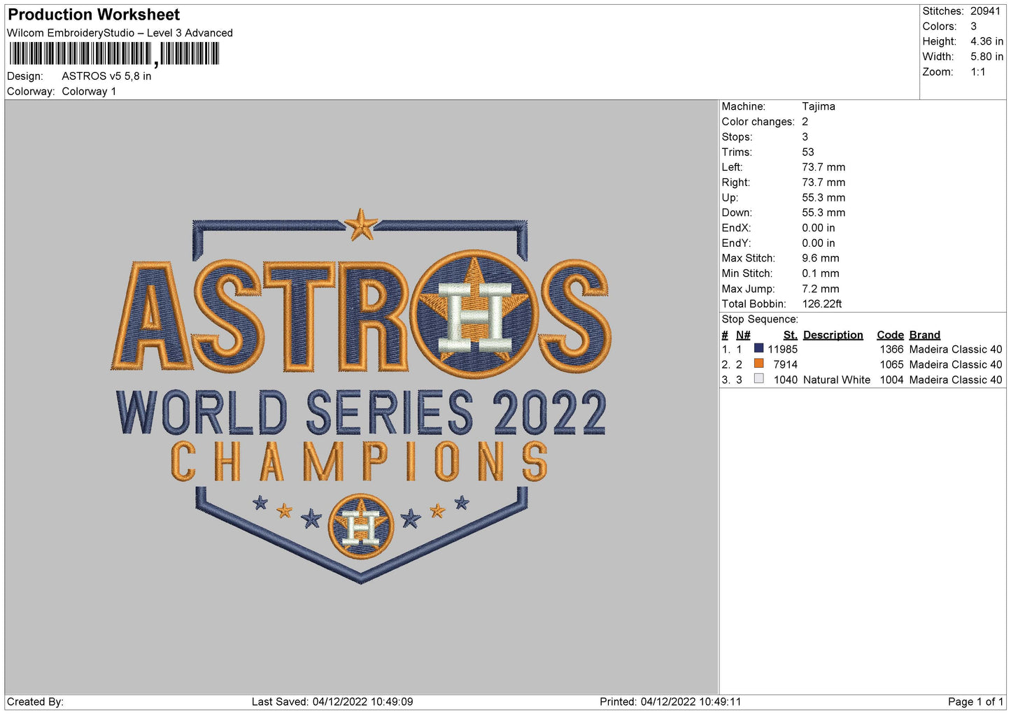 Astros V5 Embroidery File 6 sizes