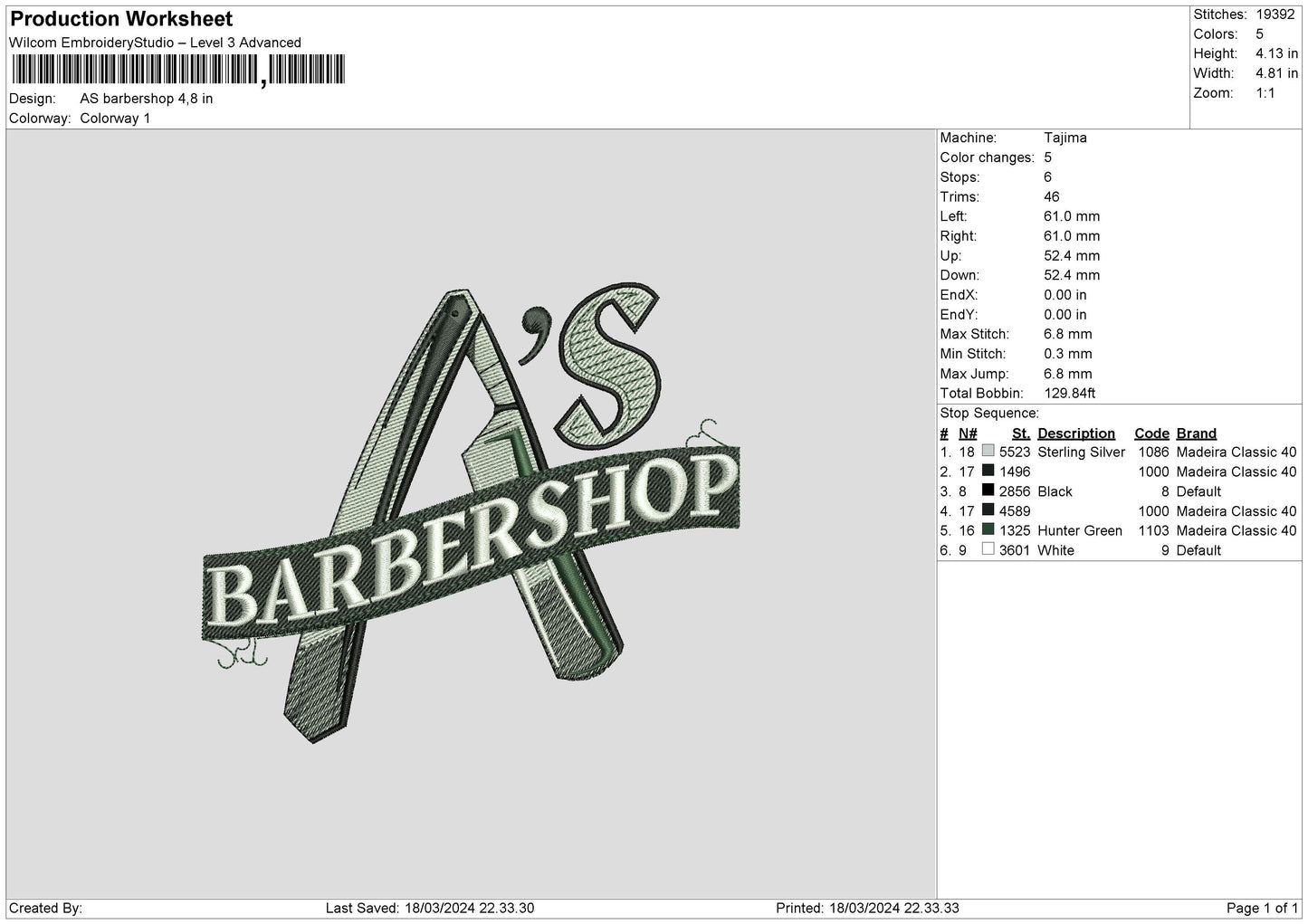As Barber Embroidery File 6 sizes