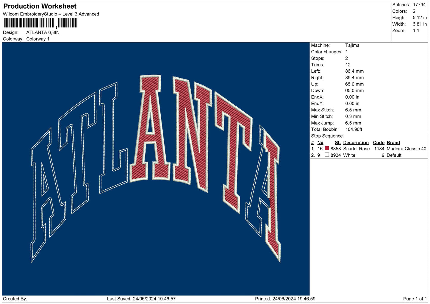 Atlantatext 02 Embroidery File 6 sizes
