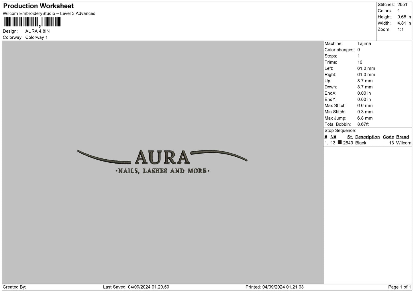 Aura Text Embroidery File 6 sizes