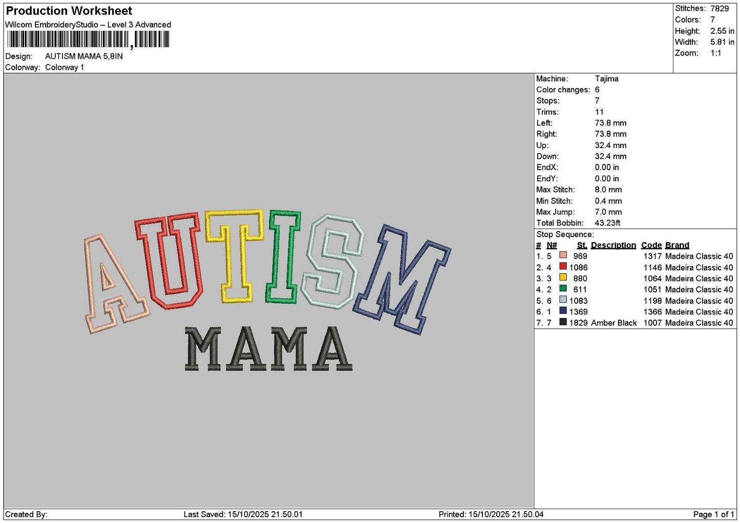 Autismtext Embroidery File 6 sizes