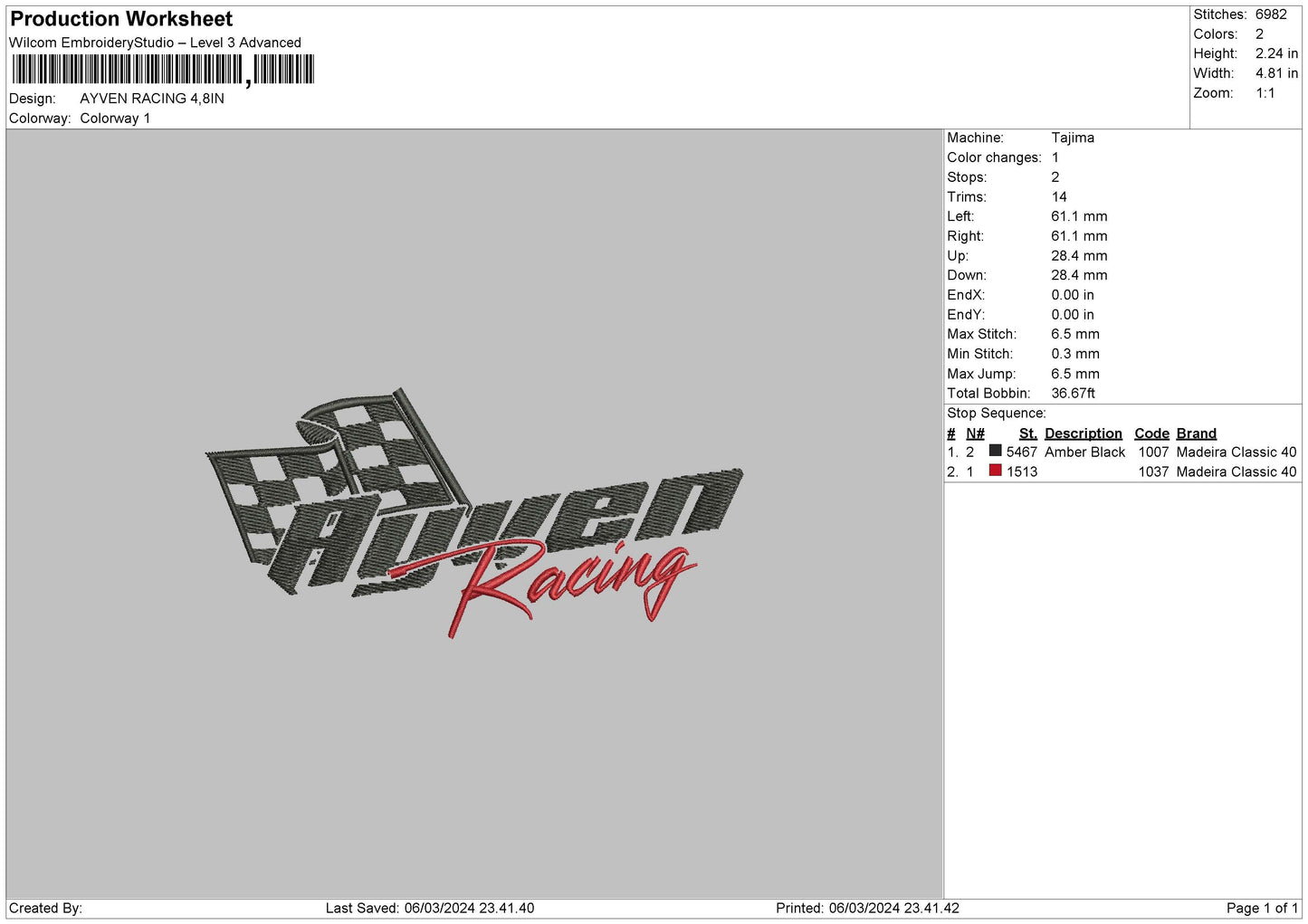 Racing 01 Embroidery File 6 sizes