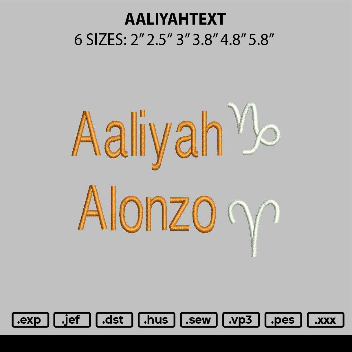 Aaliyahtext Embroidery File 6 sizes