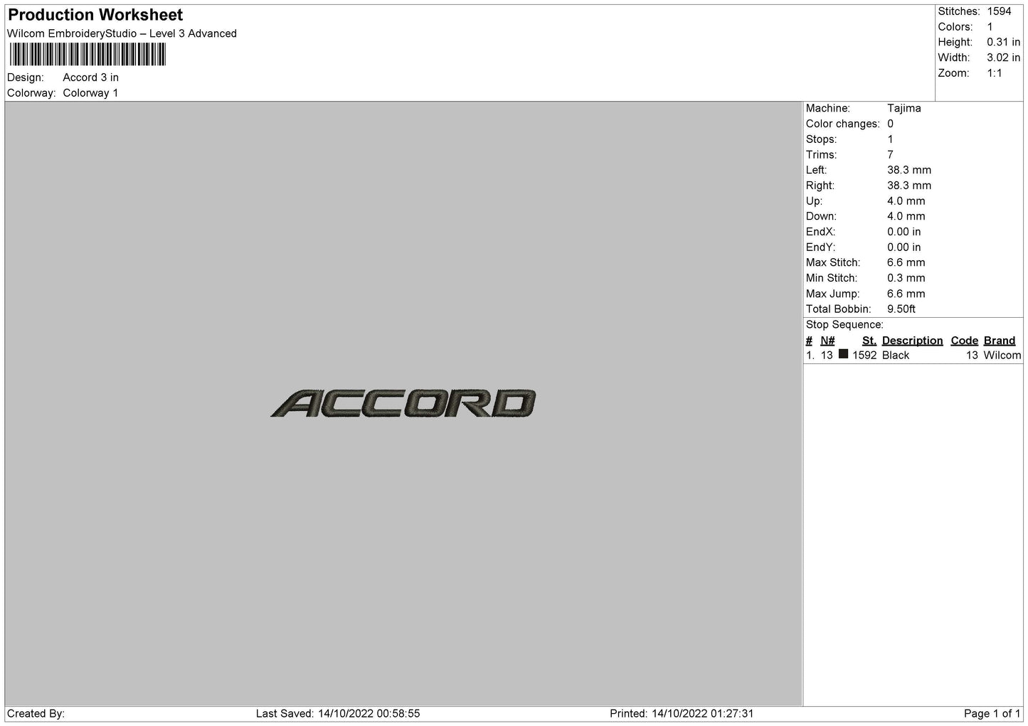 Accord Embroidery file 6 sizes
