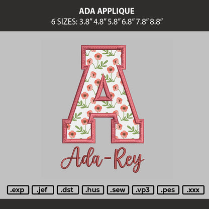 Ada Applique Embroidery Machine Design File 6 sizes