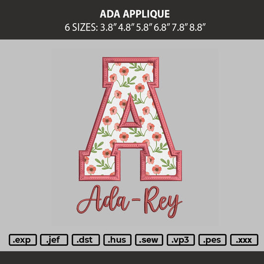 Ada Applique Embroidery Machine Design File 6 sizes