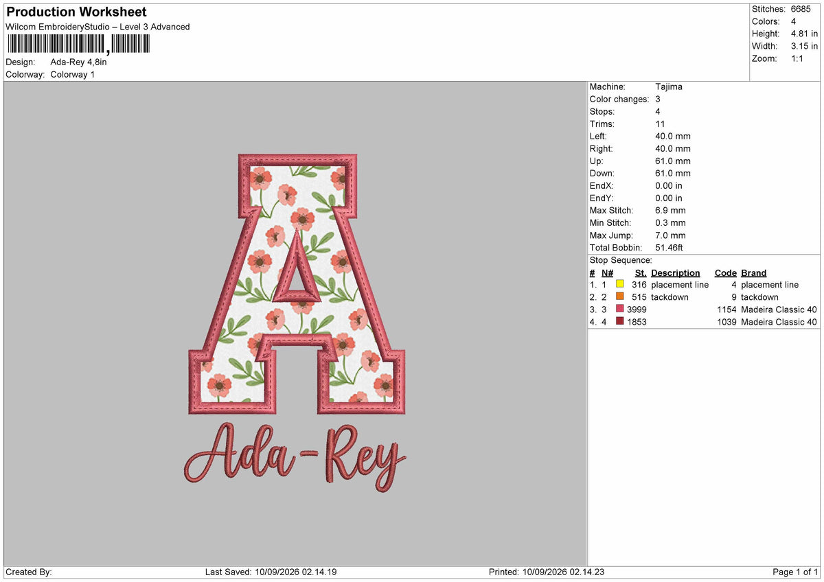 Ada Applique Embroidery Machine Design File 6 sizes