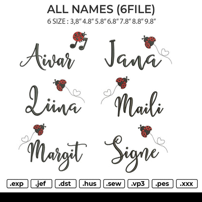 ALL NAMES Embroidery File 6 size
