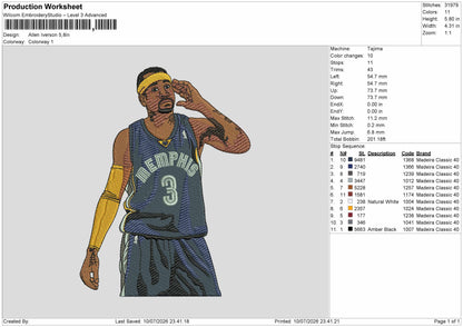 Player Allen Embroidery Machine Design File 6 sizes