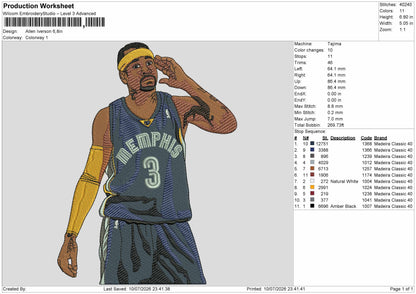 Player Allen Embroidery Machine Design File 6 sizes