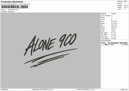 Alone Text 0910 Embroidery Machine Design File 6 sizes