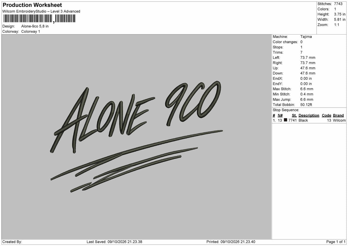 Alone Text 0910 Embroidery Machine Design File 6 sizes