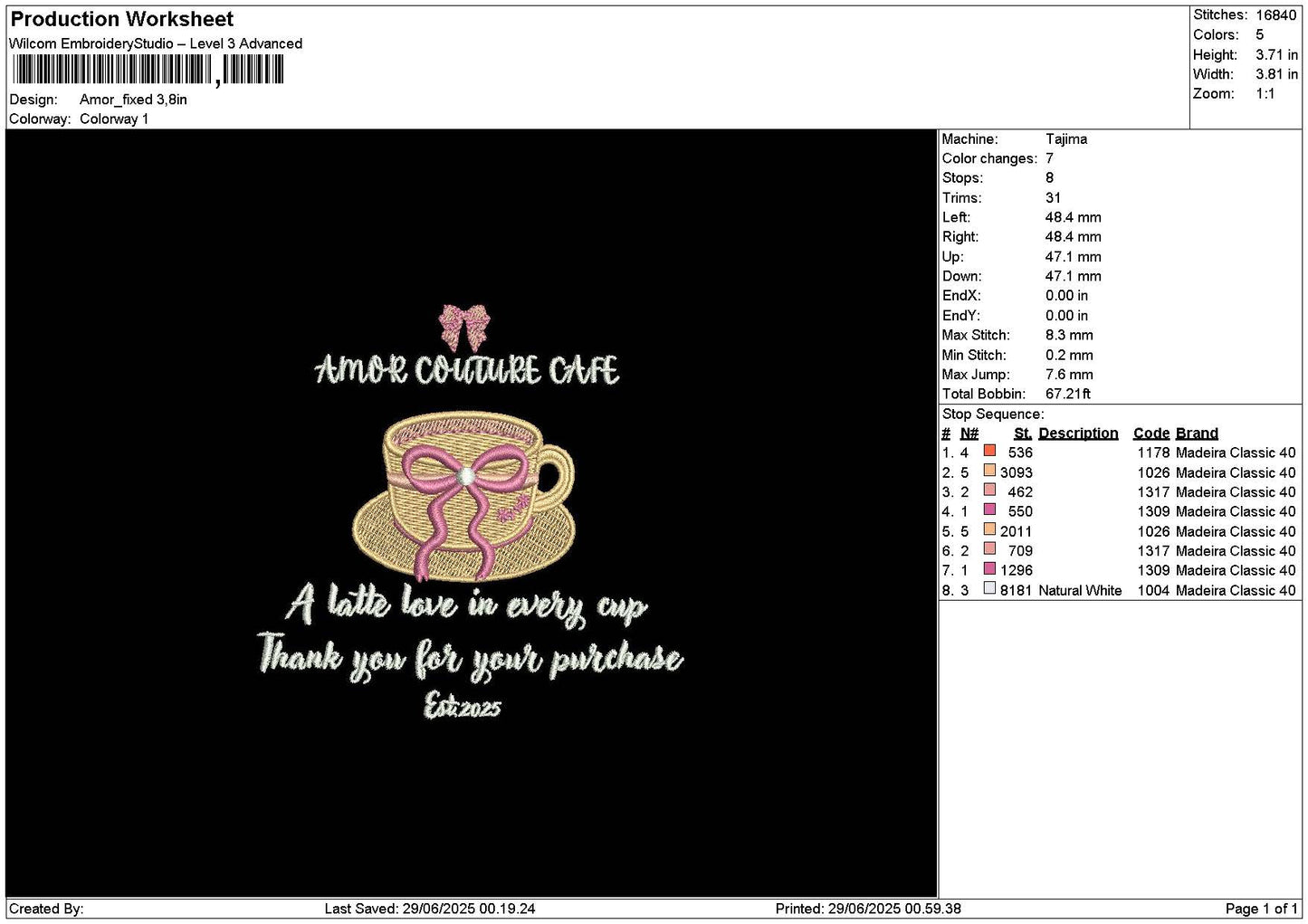 Coffee Bow 01 Embroidery File 6 sizes