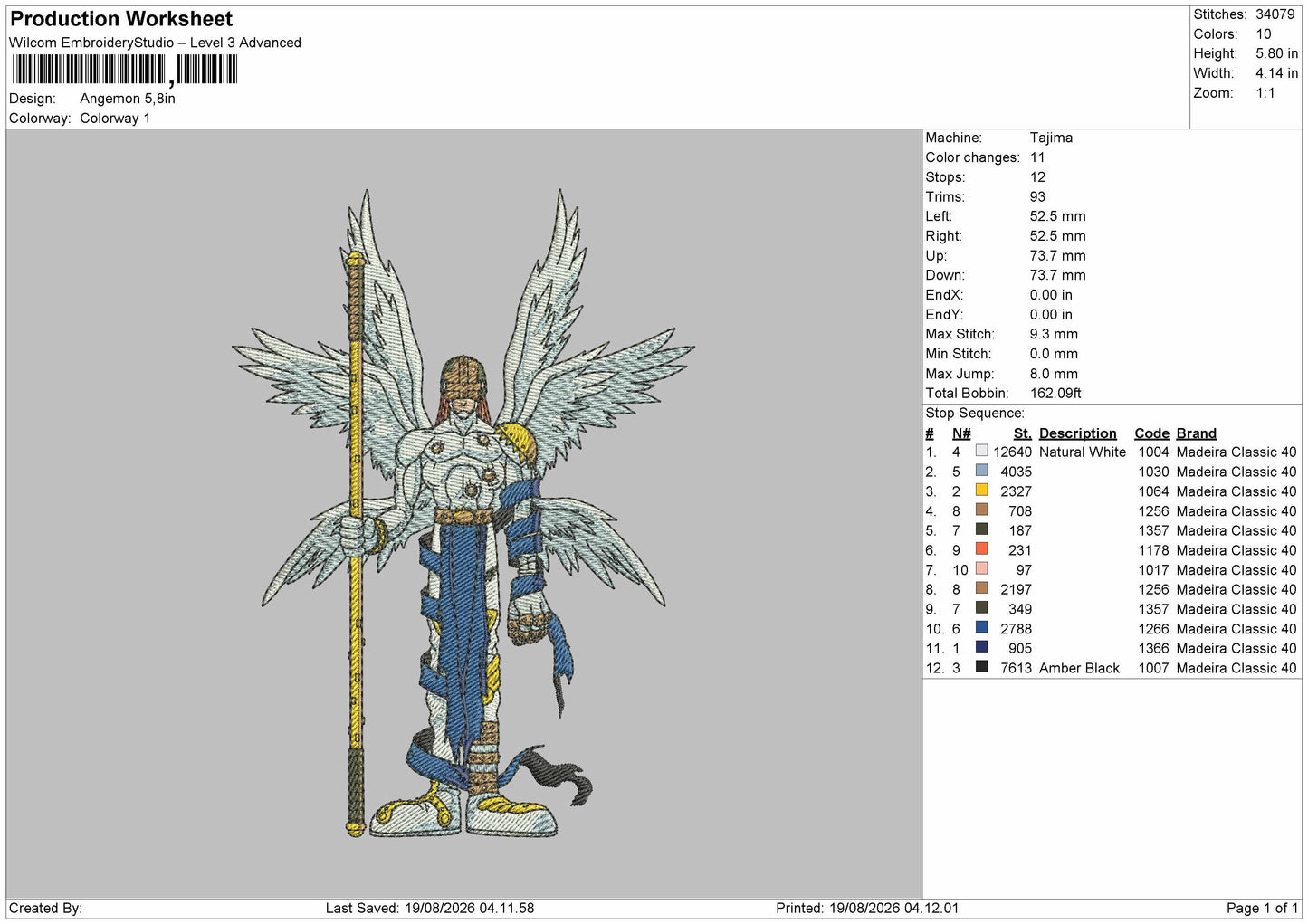 Angemon Embroidery Machine Design File 6 sizes